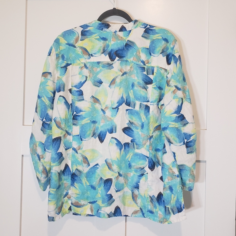 JM Collection Linen Button Down Shirt Front Pockets 3/4 Sleeves Sz 18 Blue Green - Picture 11 of 15